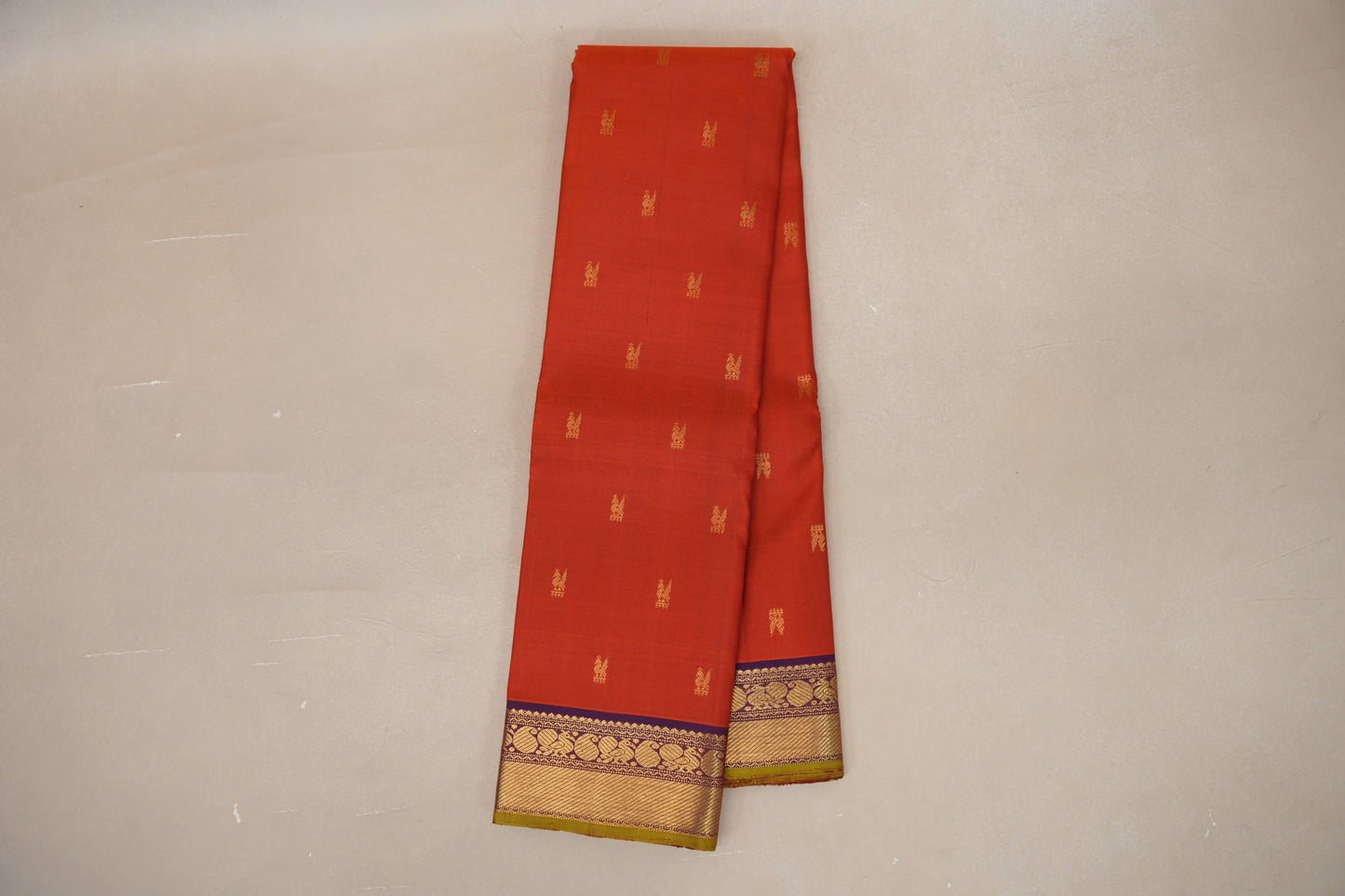 Rust Orange with Royal Purple Borders and Olive Green Selvedge Vintage Kanjivaram Silk Saree SS8926