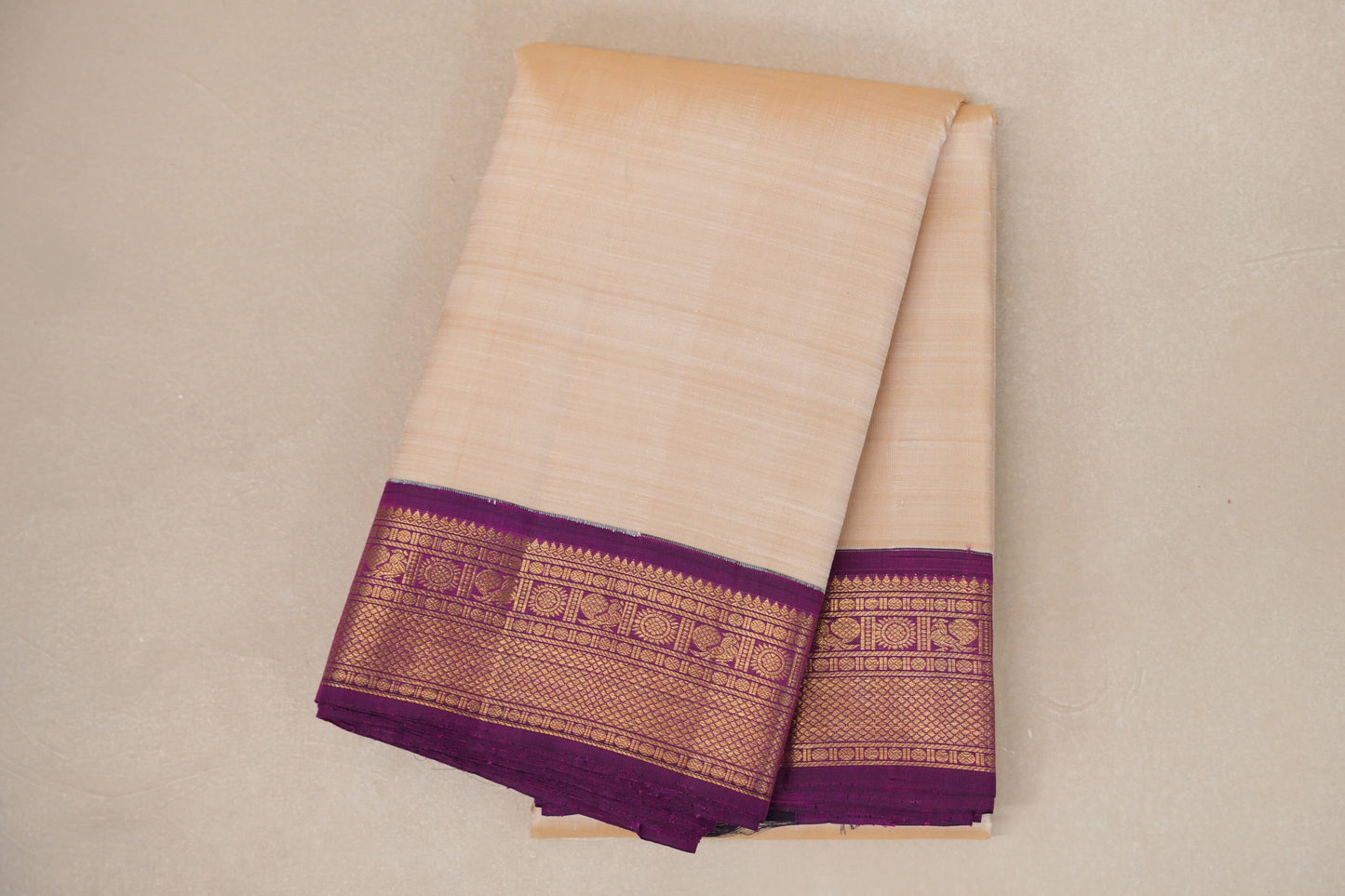 Cream with Deep Violet Borders Vintage Kanjivaram Silk Saree SS8927