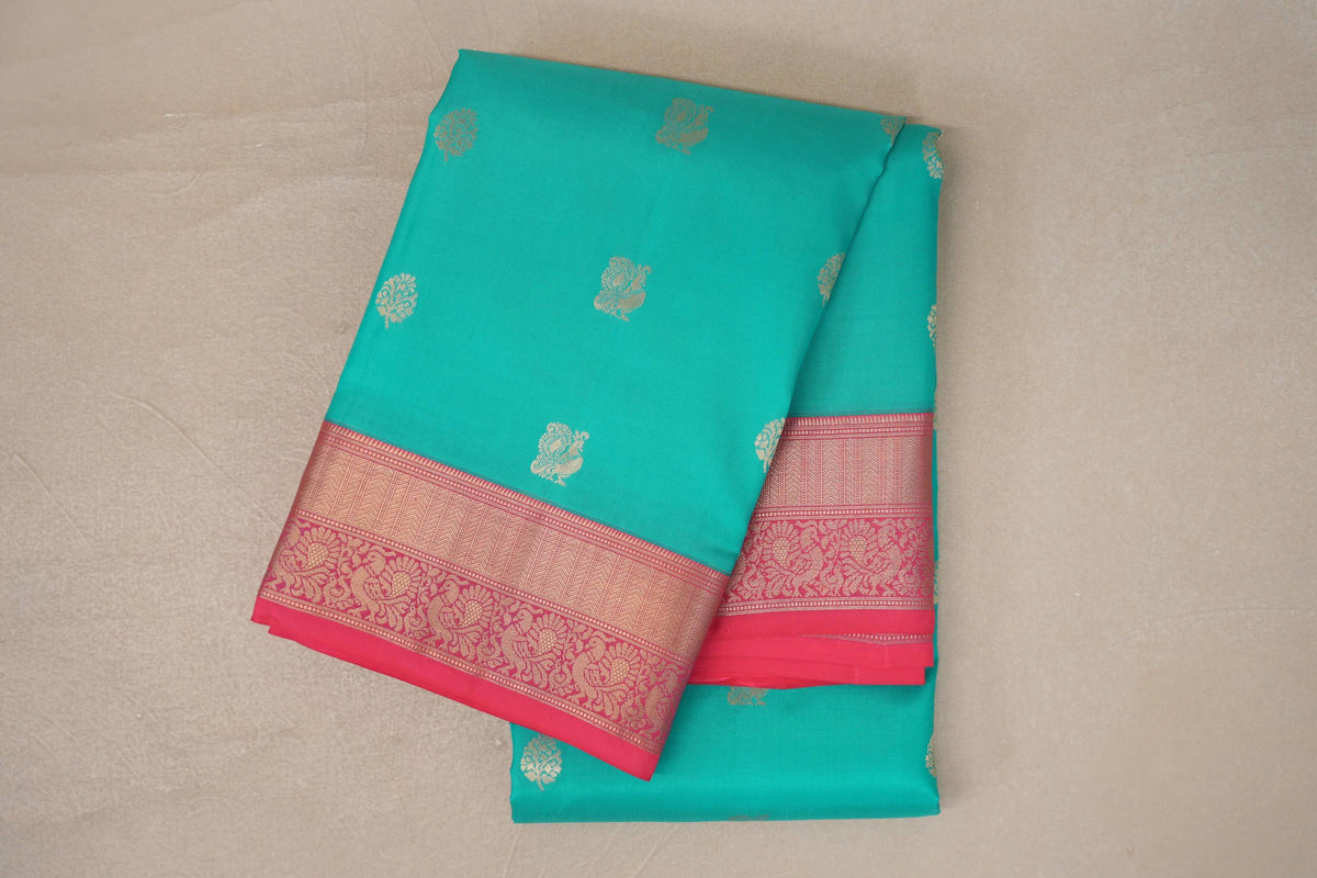 Aqua Green with Bright pink Borders Soft Silk Saree