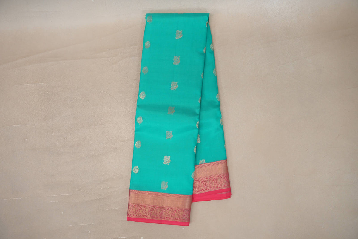 Online Aqua Green with Bright pink Borders Soft Silk Saree