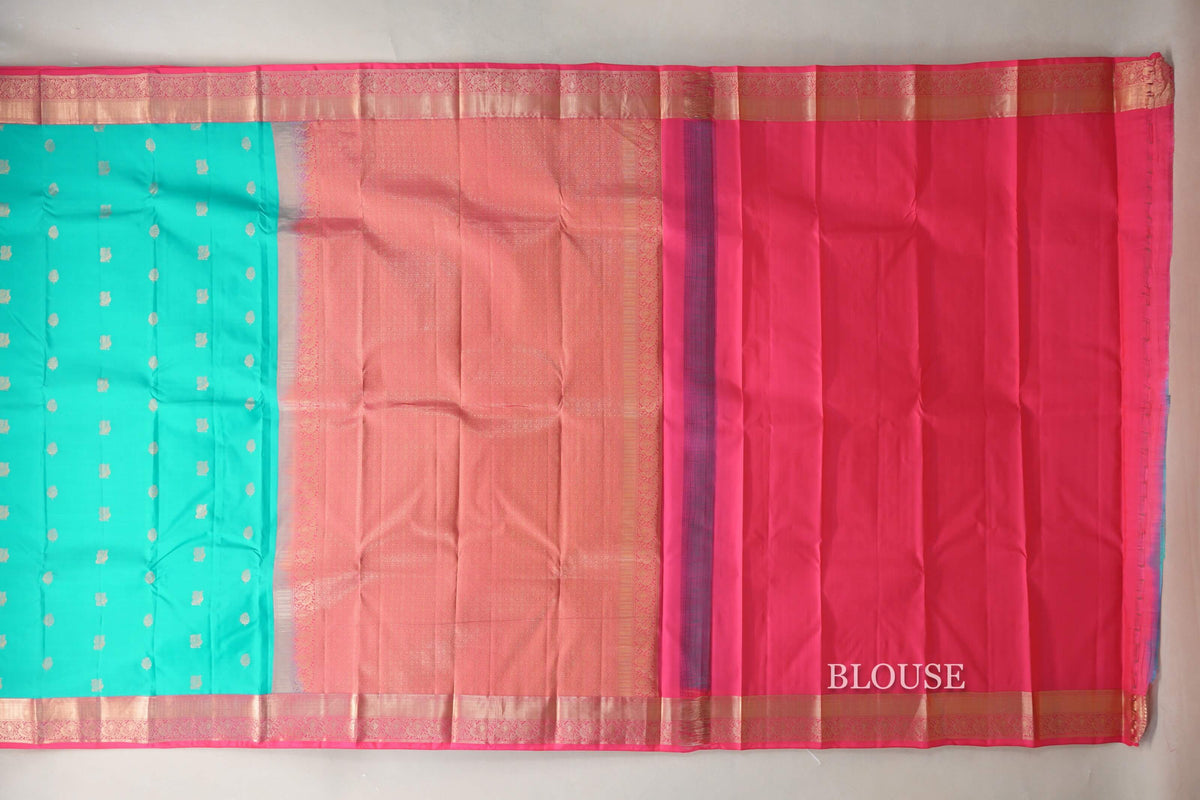 Aqua Green with Bright pink Borders Soft Silk Saree blouse