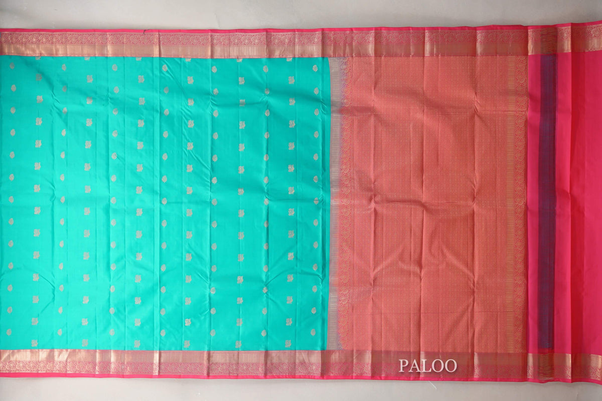 Aqua Green with Bright pink Borders Soft Silk Saree paloo