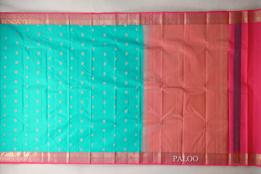 Aqua Green with Bright pink Borders Soft Silk Saree paloo