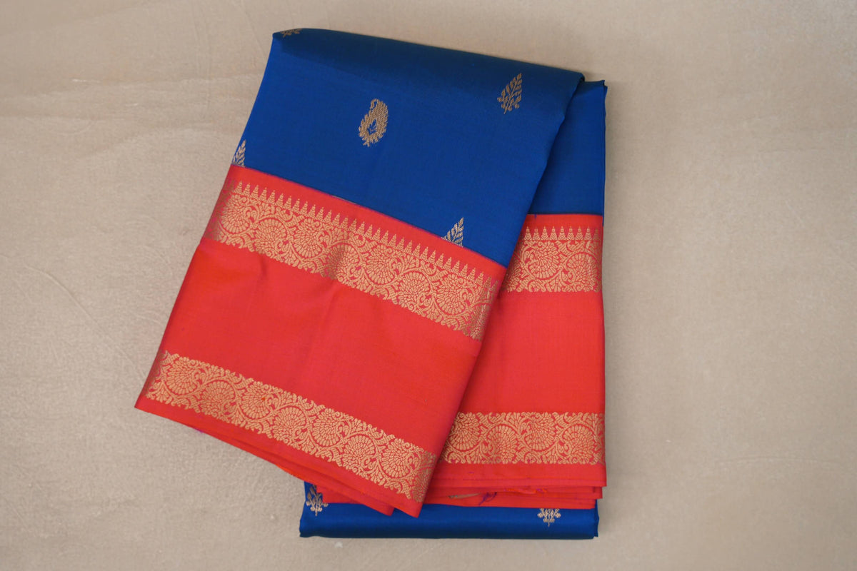Peacock Blue with Dual Tone of Orange & Pink Borders Soft Silk Saree