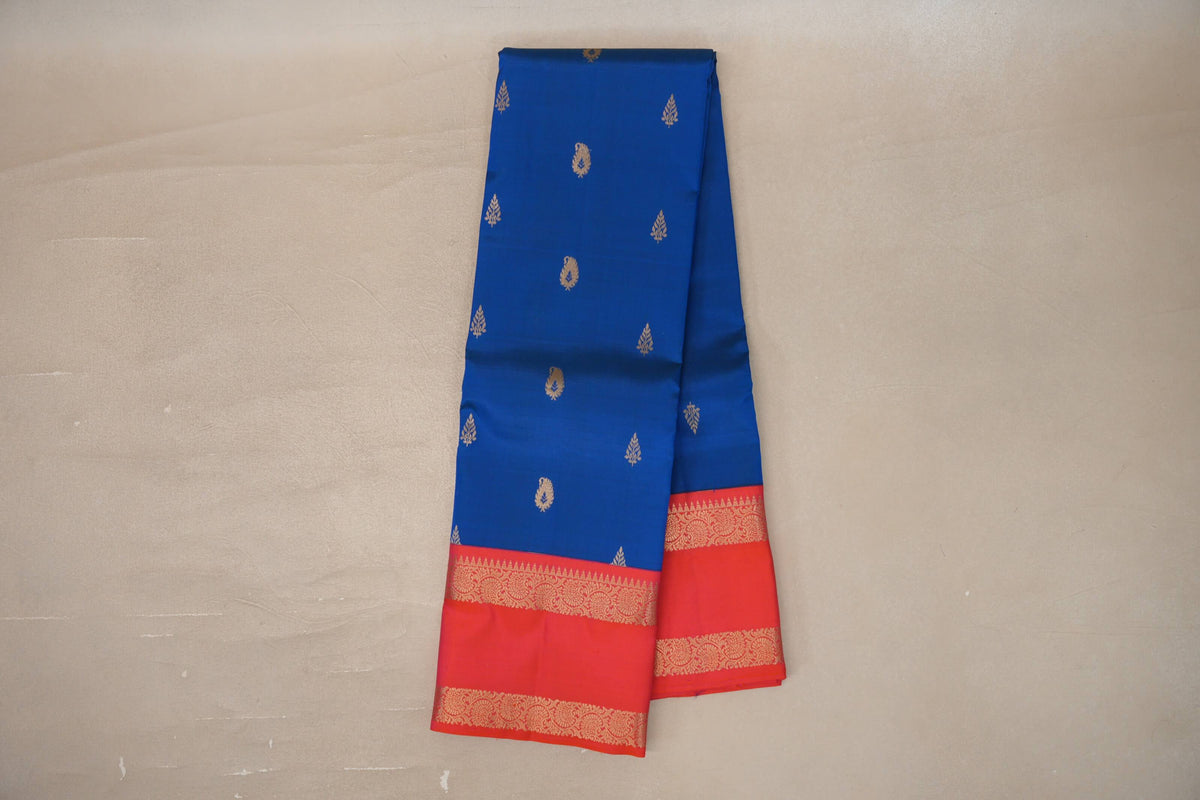 Online Peacock Blue with Dual Tone of Orange & Pink Borders Soft Silk Saree