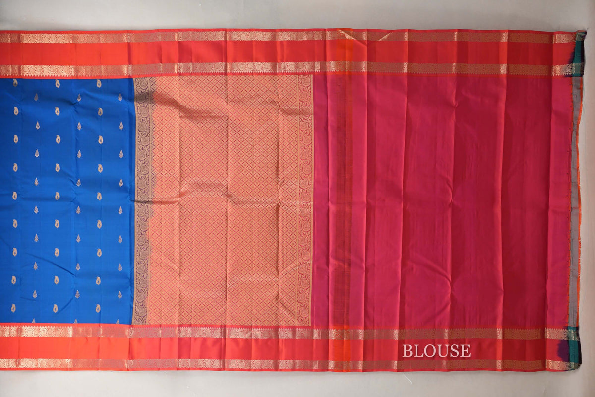Peacock Blue with Dual Tone of Orange & Pink Borders Soft Silk Saree blouse