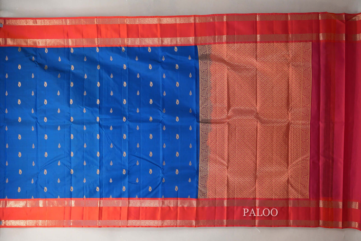 Peacock Blue with Dual Tone of Orange & Pink Borders Soft Silk Saree paloo