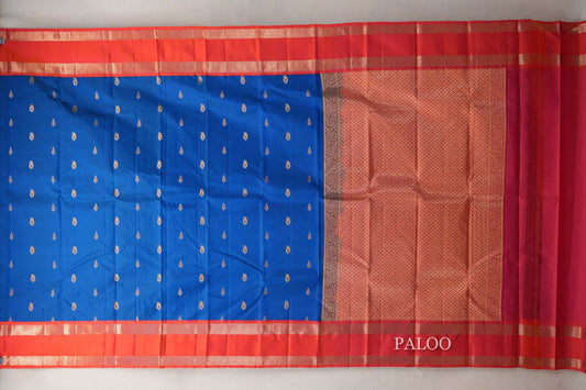 Peacock Blue with Dual Tone of Orange & Pink Borders Soft Silk Saree paloo