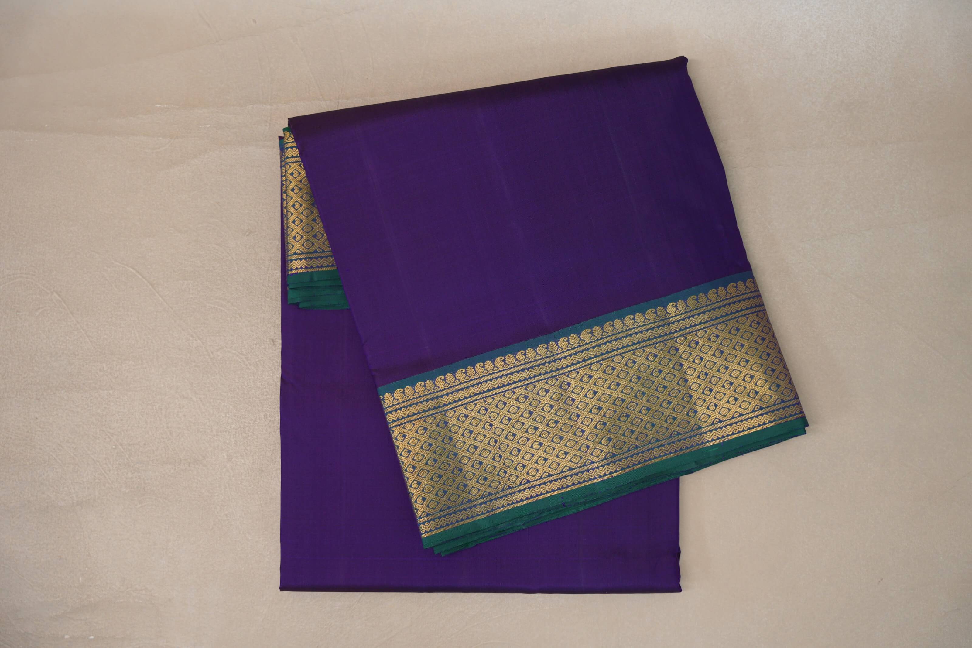 Deep Violet with Peacock Green Borders Ten Yards Silk Saree