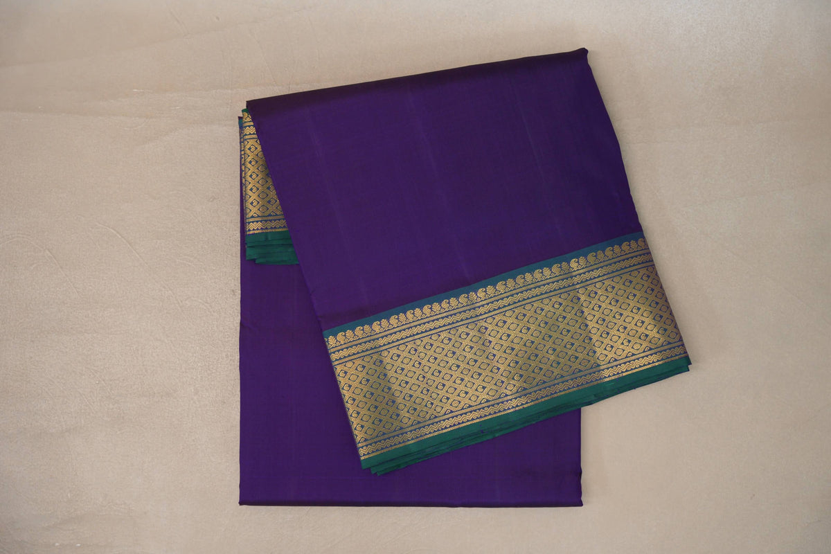 Deep Violet with Peacock Green Borders Ten Yards Silk Saree