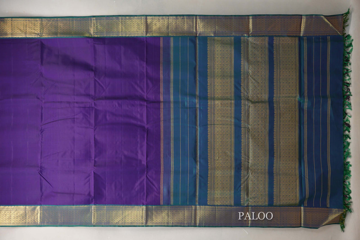 Deep Violet with Peacock Green Borders Ten Yards Silk Saree paloo