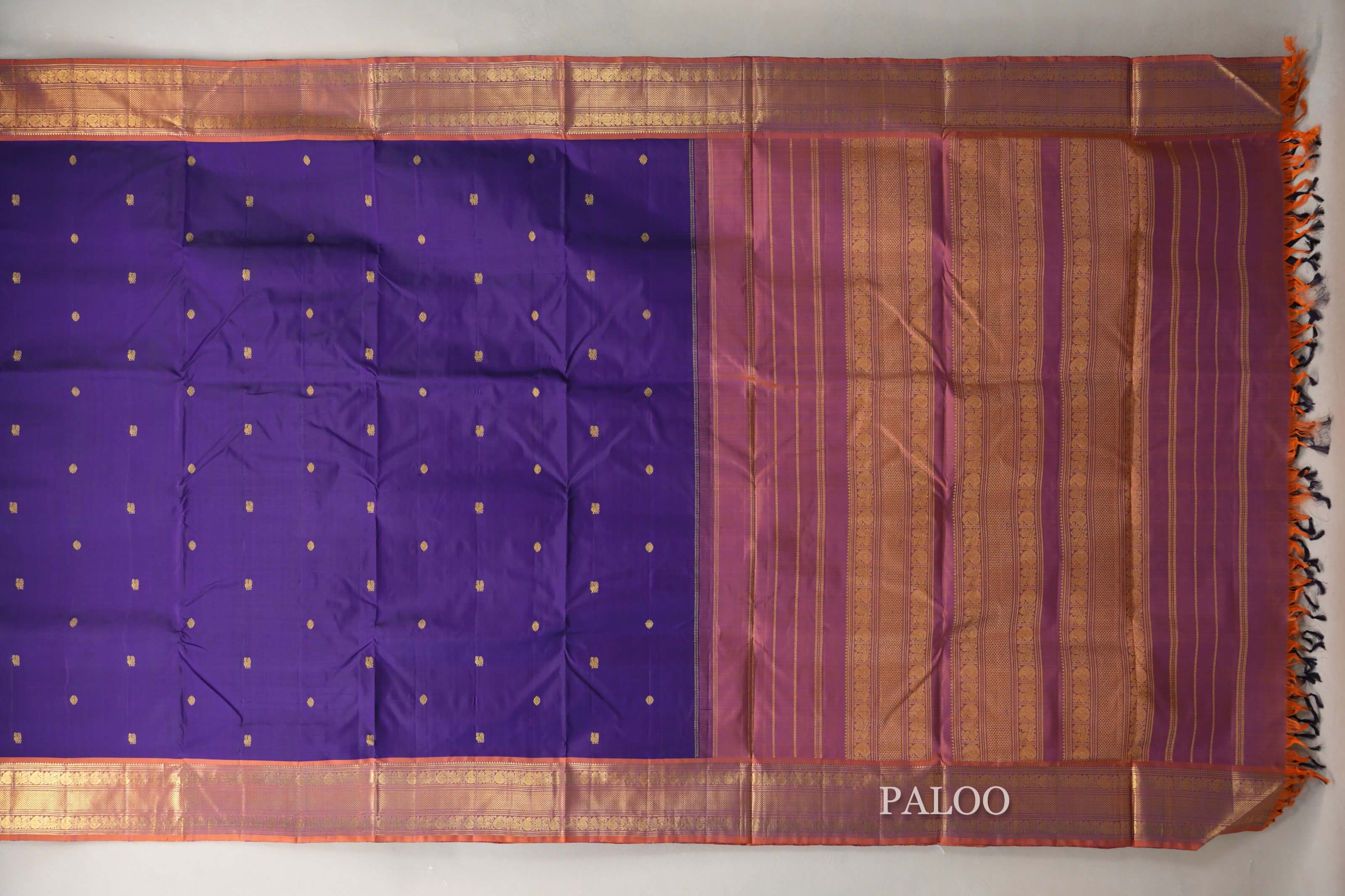 Deep Violet with Burnt Orange Borders Ten Yards Silk Saree paloo