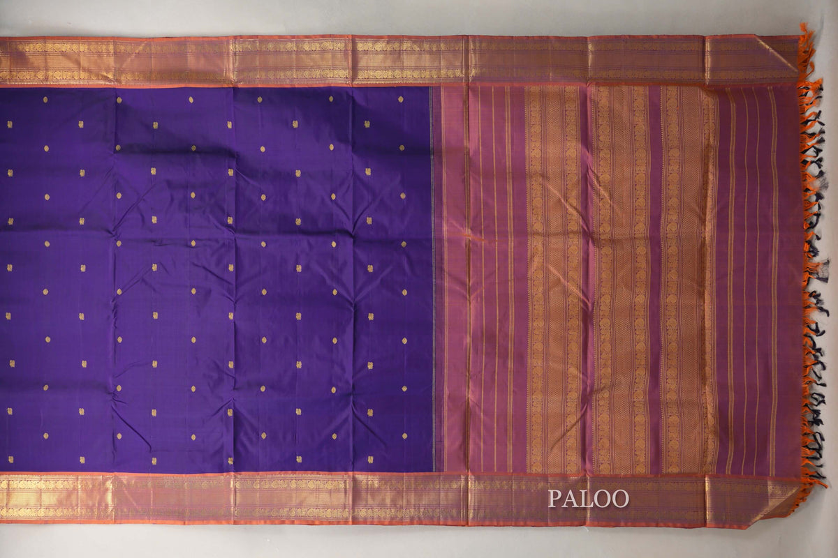 Deep Violet with Burnt Orange Borders Ten Yards Silk Saree paloo