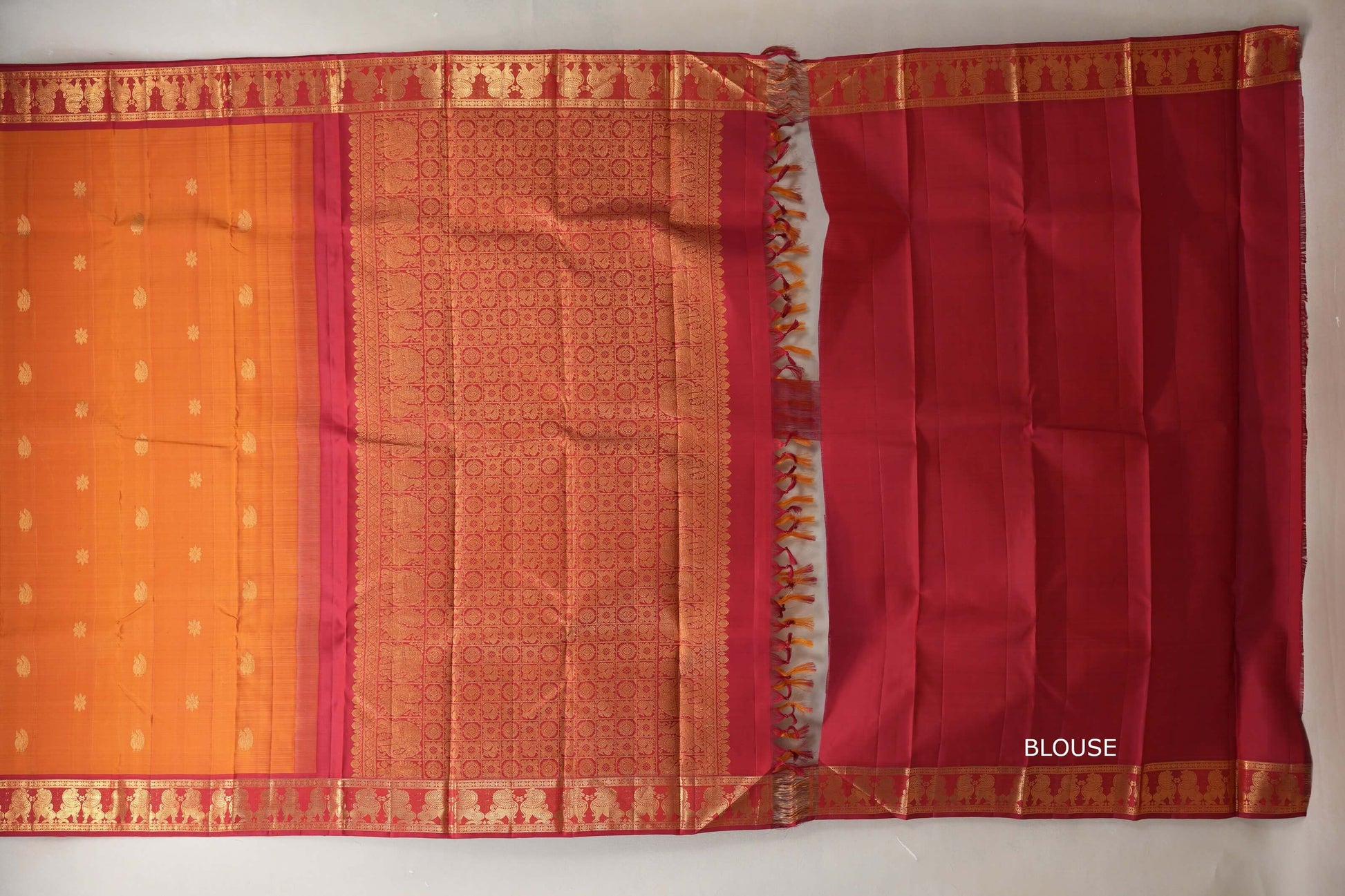 Bright Mango Orange Vintage Kanjivaram Silk Saree by Shreenivas Silks blouse