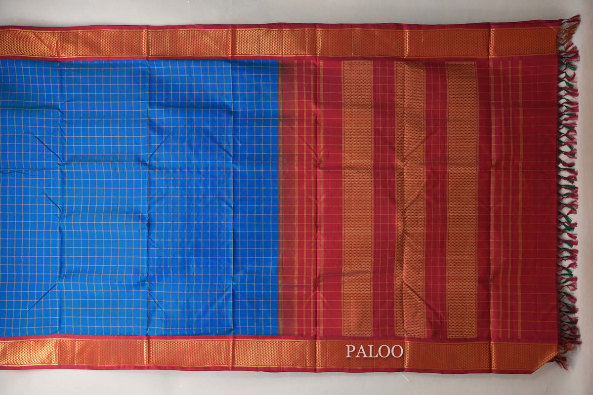 Peacock Blue with Deep Maroon Ten Yards Silk Saree paloo