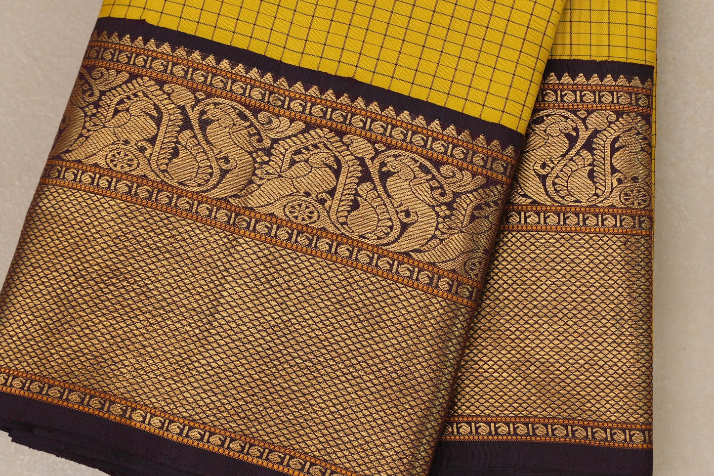 Bright yellow with Deep Plum Brown Vintage Kanjivaram Silk Saree by Shreenivas Silks  border