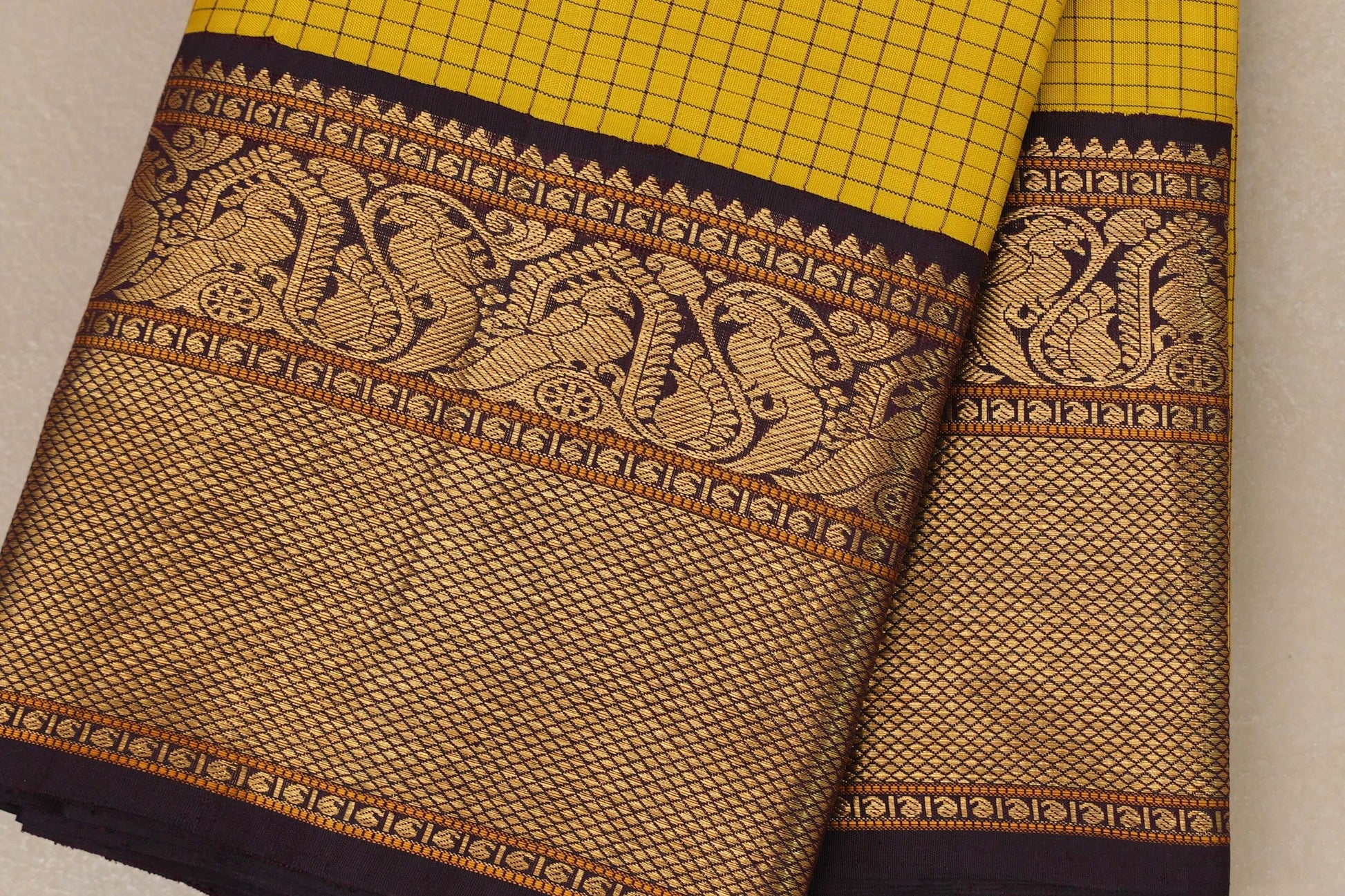 Bright yellow with Deep Plum Brown Vintage Kanjivaram Silk Saree by Shreenivas Silks  border