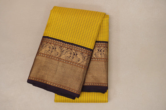 Bright yellow with Deep Plum Brown Vintage Kanjivaram Silk Saree by Shreenivas Silks 