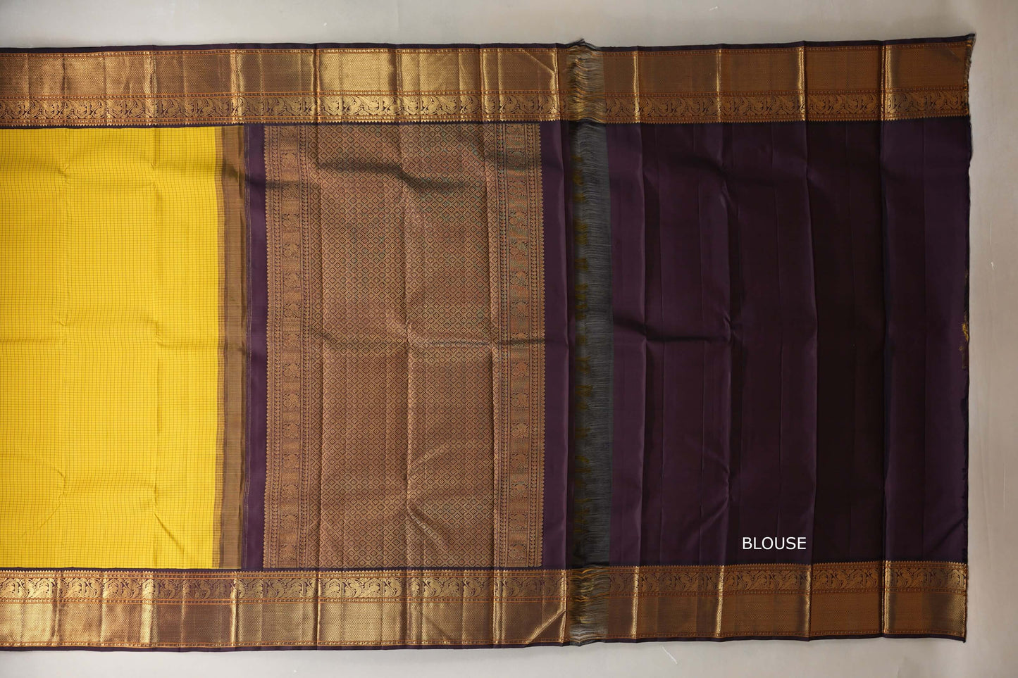 Bright yellow with Deep Plum Brown Vintage Kanjivaram Silk Saree by Shreenivas Silks blouse