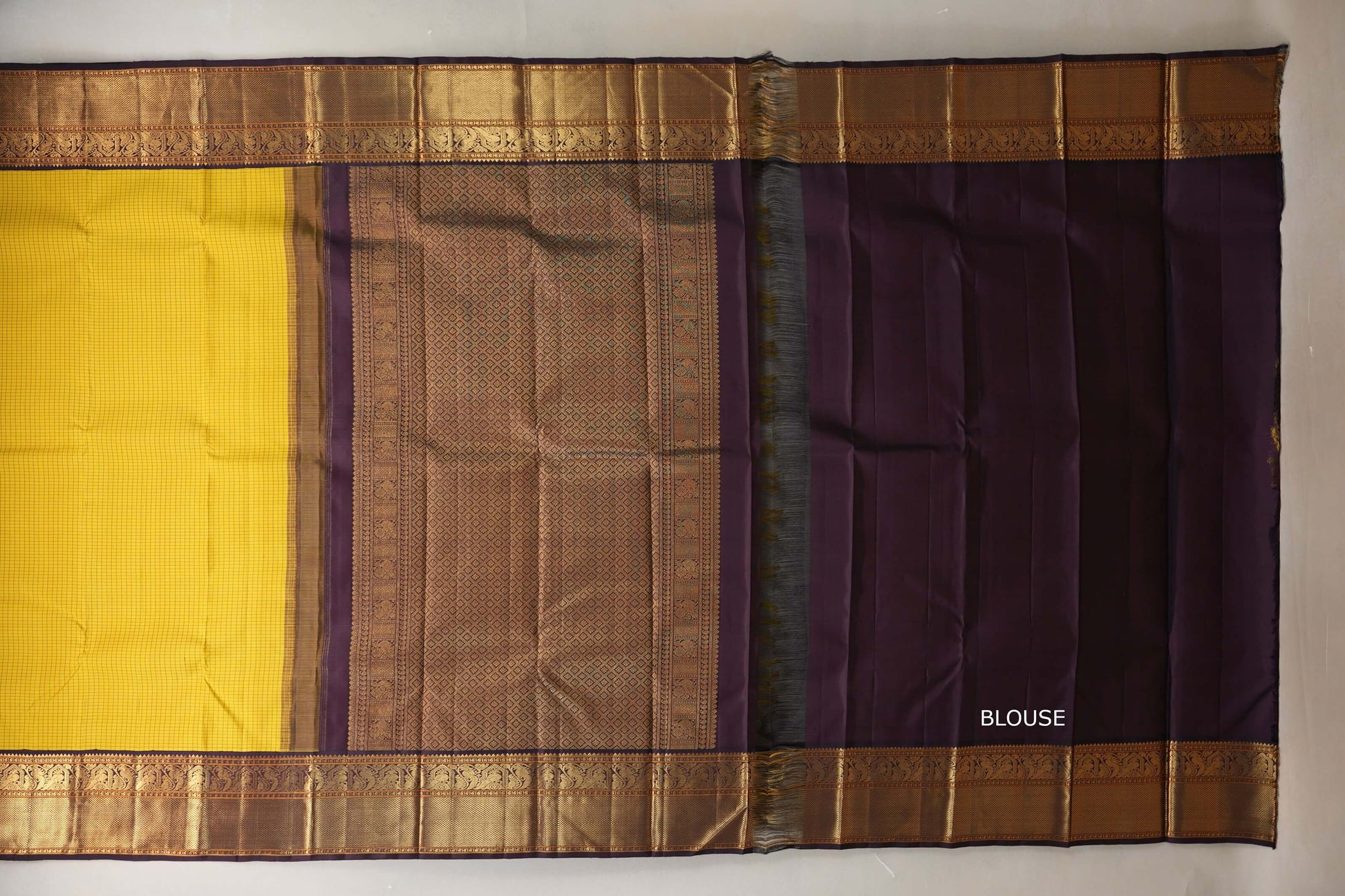 Bright yellow with Deep Plum Brown Vintage Kanjivaram Silk Saree by Shreenivas Silks blouse
