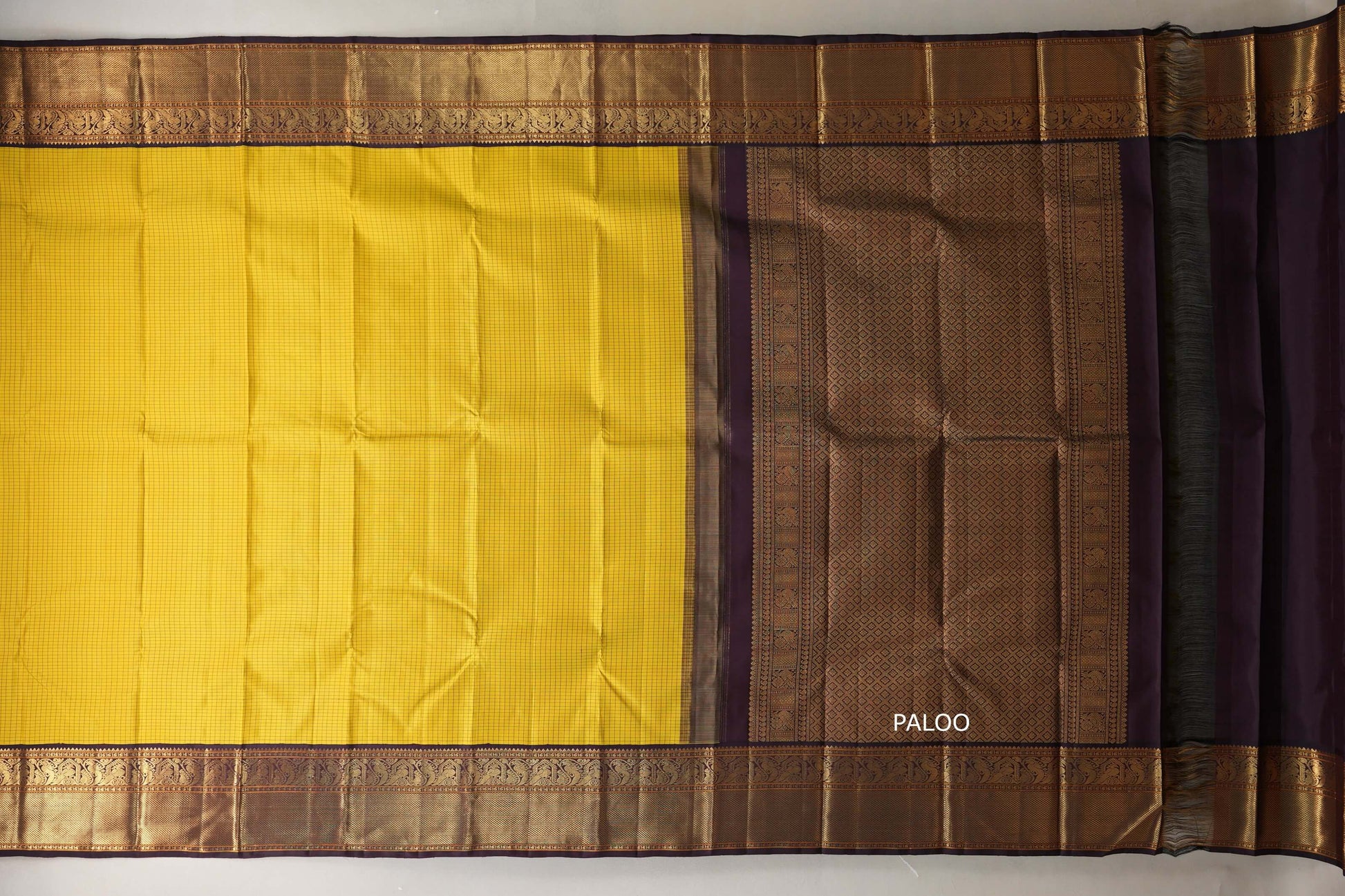 Bright yellow with Deep Plum Brown Vintage Kanjivaram Silk Saree by Shreenivas Silks  paloo