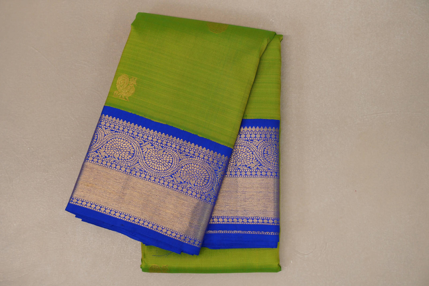 Bright Parrot Green with royal blue Vintage Kanjivaram Silk Saree by Shreenivas Silks 