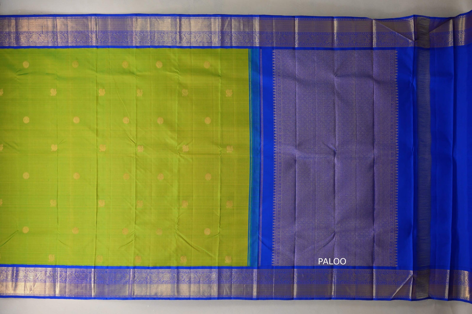 Bright Parrot Green with royal blue Vintage Kanjivaram Silk Saree by Shreenivas Silks paloo