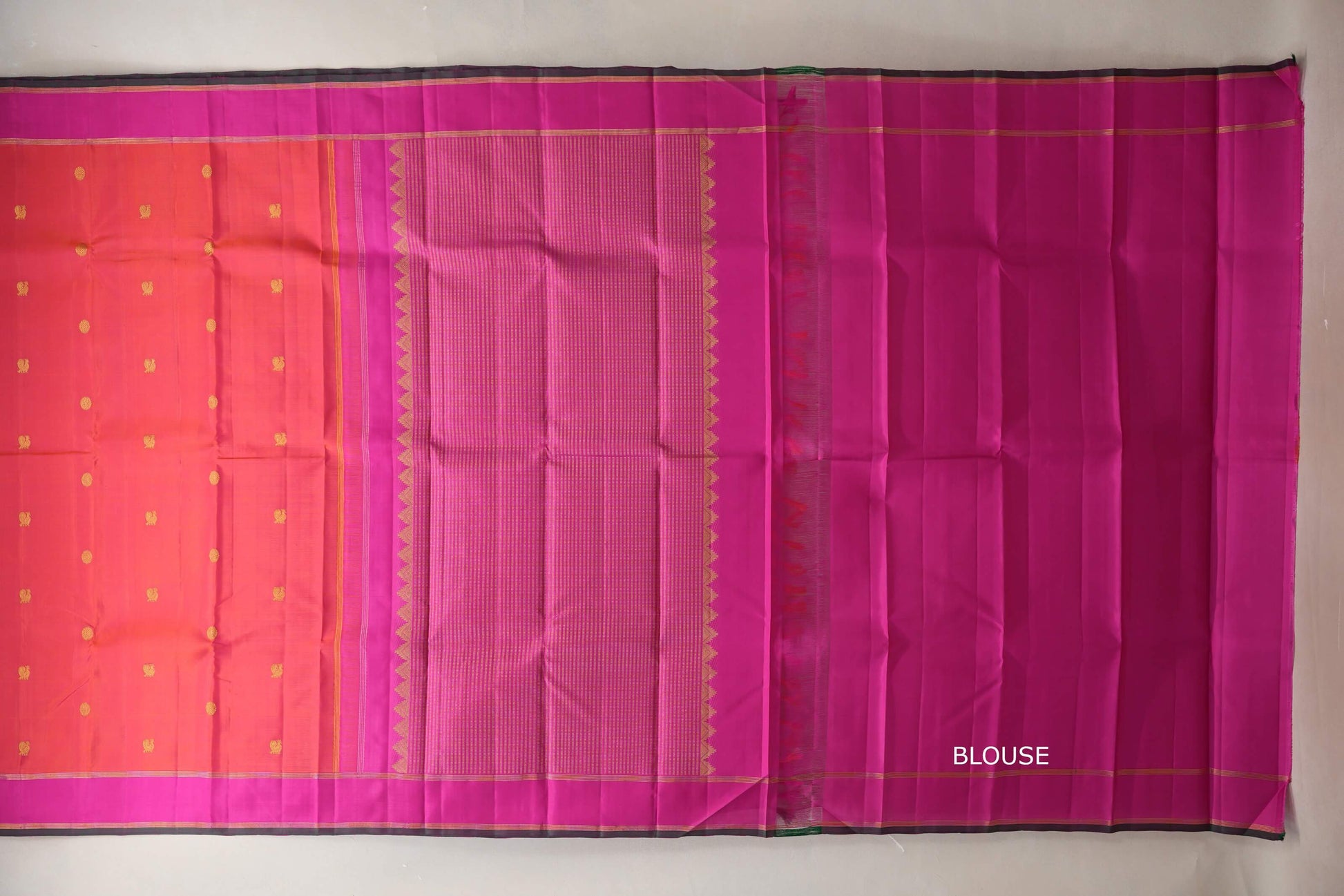Orangish Pink Vintage Kanjivaram Silk Saree by Shreenivas Silks  blouse