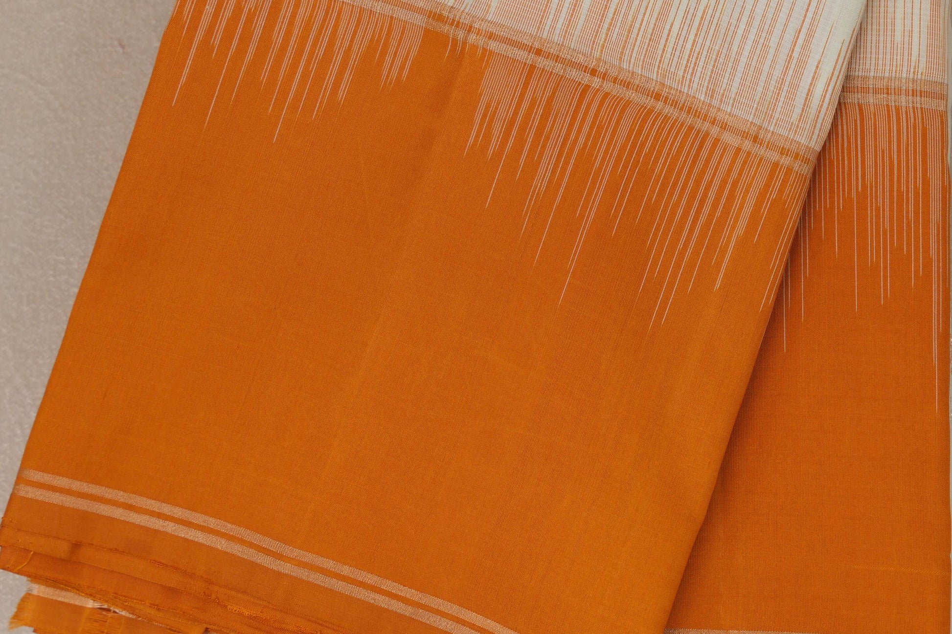 Off white with Bright Mango Orange borders Light Weight Kanjivaram Silk Saree border