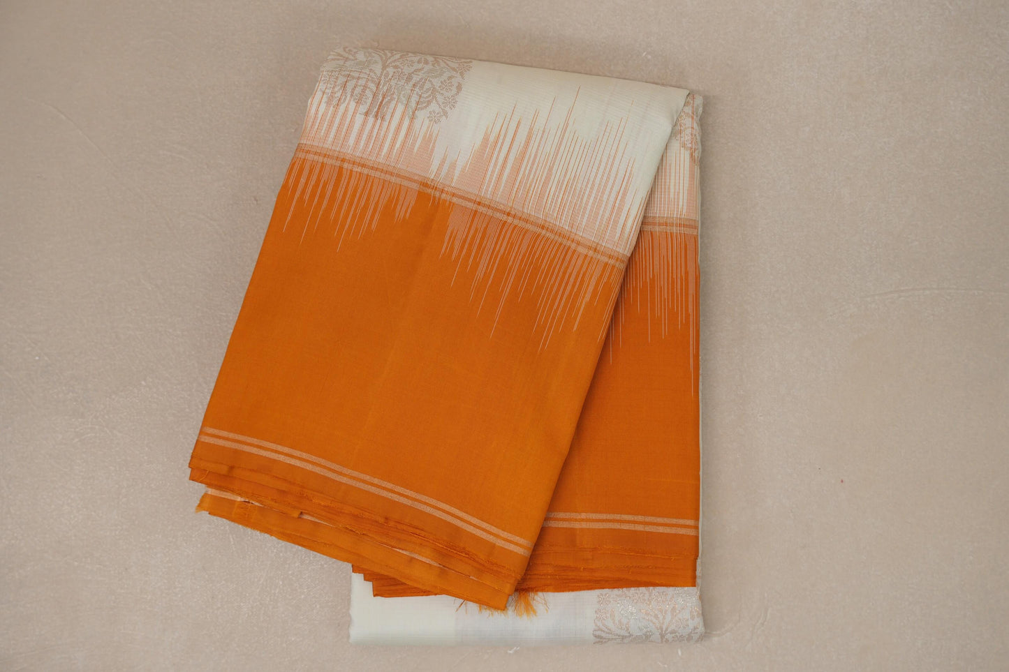 Off white with Bright Mango Orange borders Light Weight Kanjivaram Silk Saree