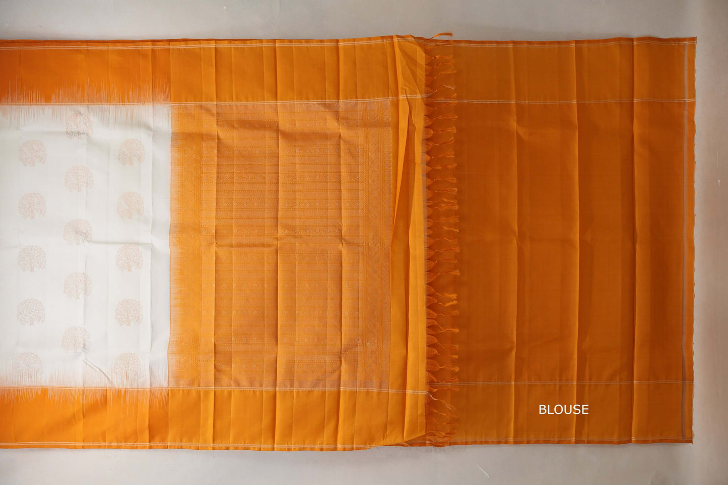Off white with Bright Mango Orange borders Light Weight Kanjivaram Silk Saree blouse