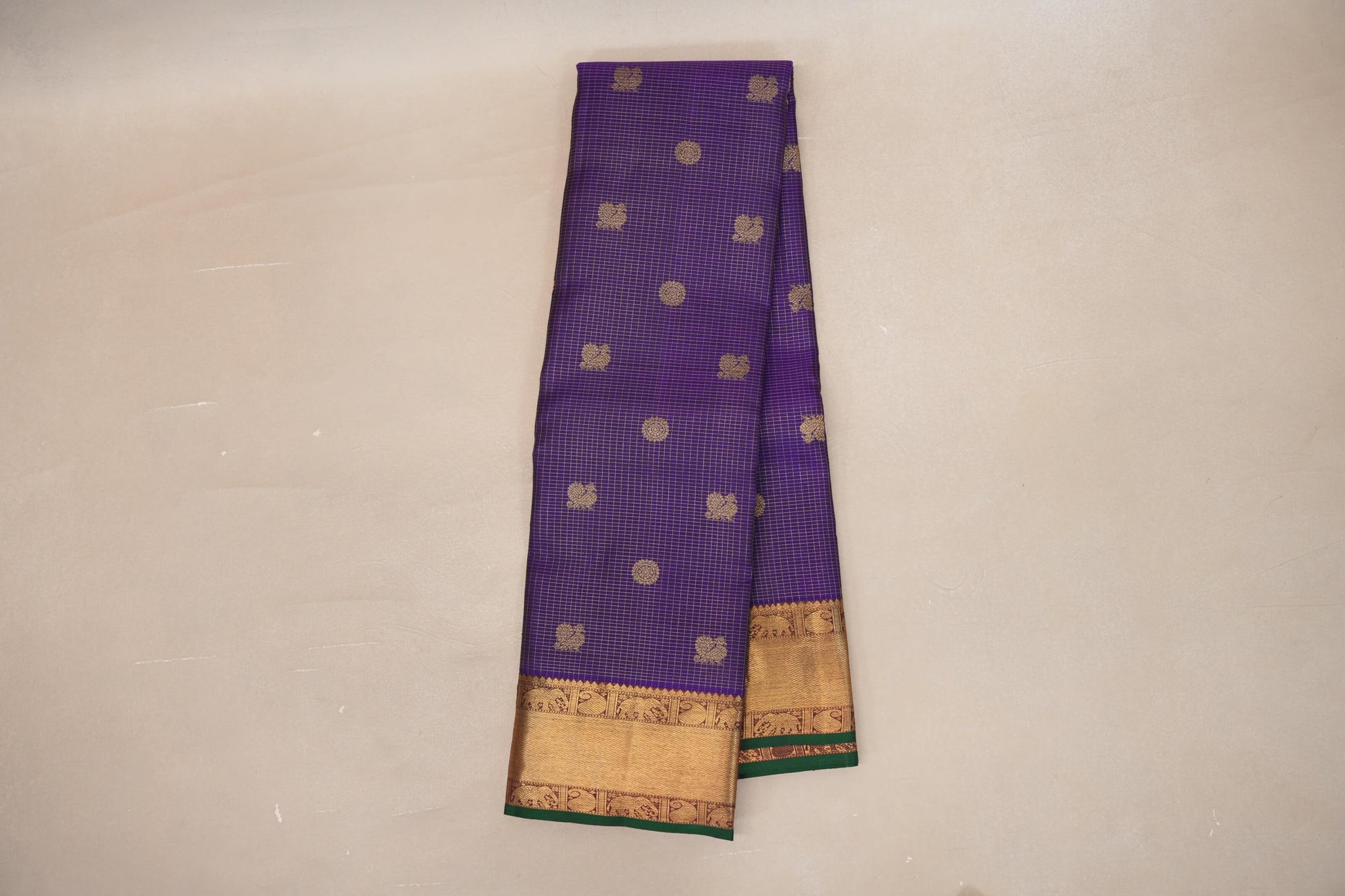 Deep Violet with Deep Reddish Magenta Borders and Dark Green Selvedge Heirloom Kanjivaram Silk Saree online