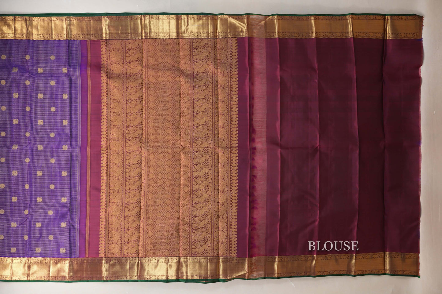 Deep Violet with Deep Reddish Magenta Borders and Dark Green Selvedge Heirloom Kanjivaram Silk Saree blouse