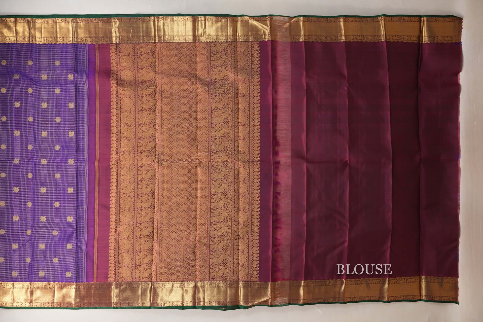 Deep Violet with Deep Reddish Magenta Borders and Dark Green Selvedge Heirloom Kanjivaram Silk Saree blouse