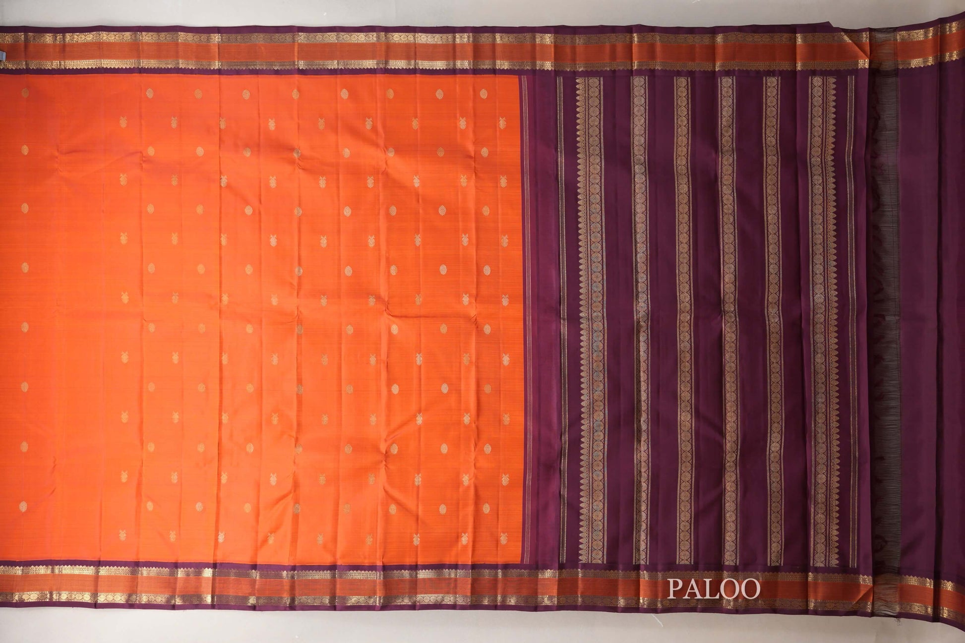 Orange with Deep Magenta Borders Heirloom Kanjivaram Silk Saree paloo