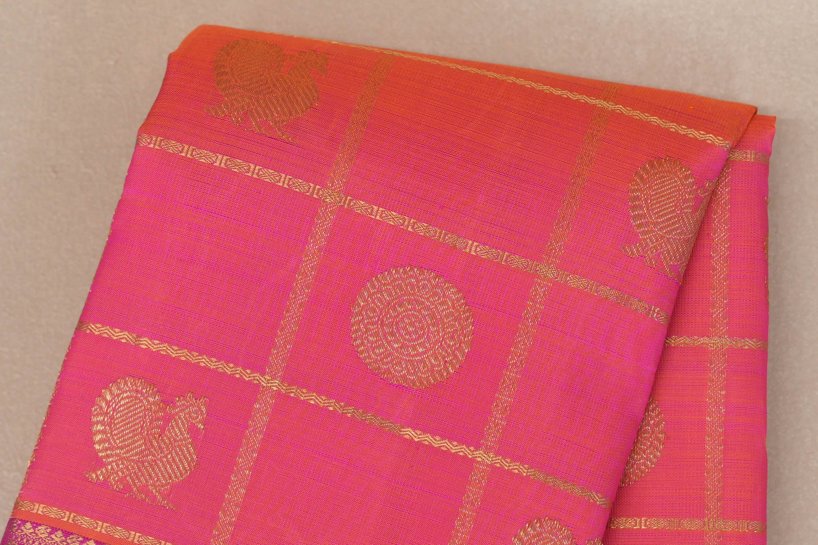 Orangish Pink Heirloom Kanjivaram Silk Saree border zoom
