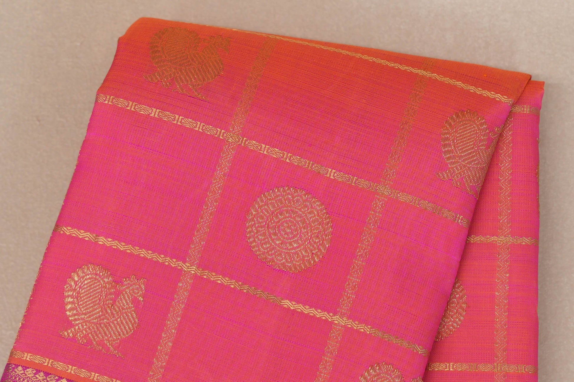 Orangish Pink Heirloom Kanjivaram Silk Saree border zoom