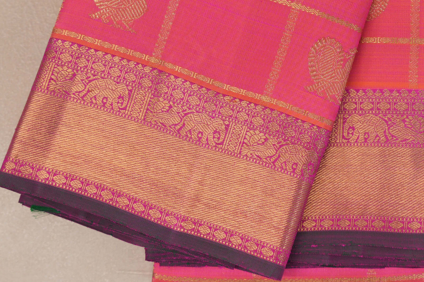 Orangish Pink Heirloom Kanjivaram Silk Saree border zoom
