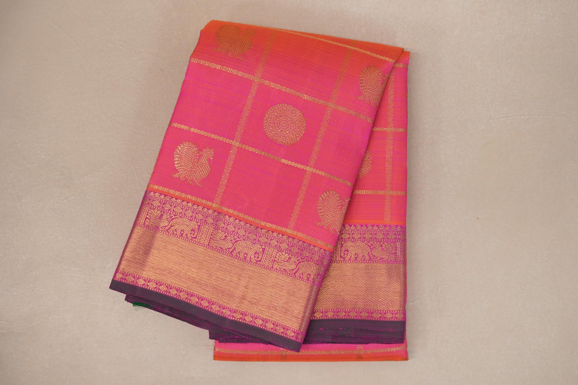 folded Orangish Pink Heirloom Kanjivaram Silk Saree