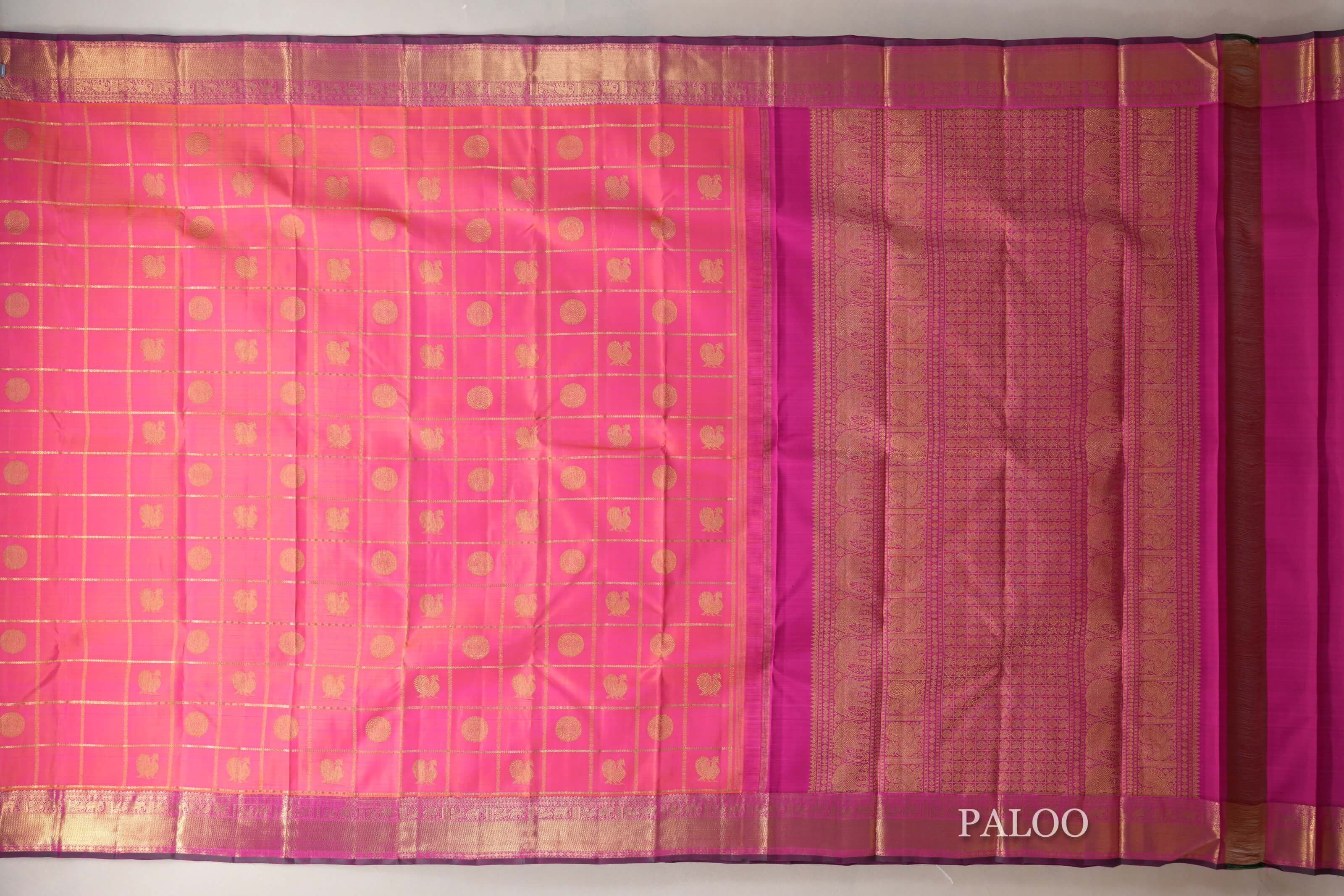 Orangish Pink Heirloom Kanjivaram Silk Saree paloo