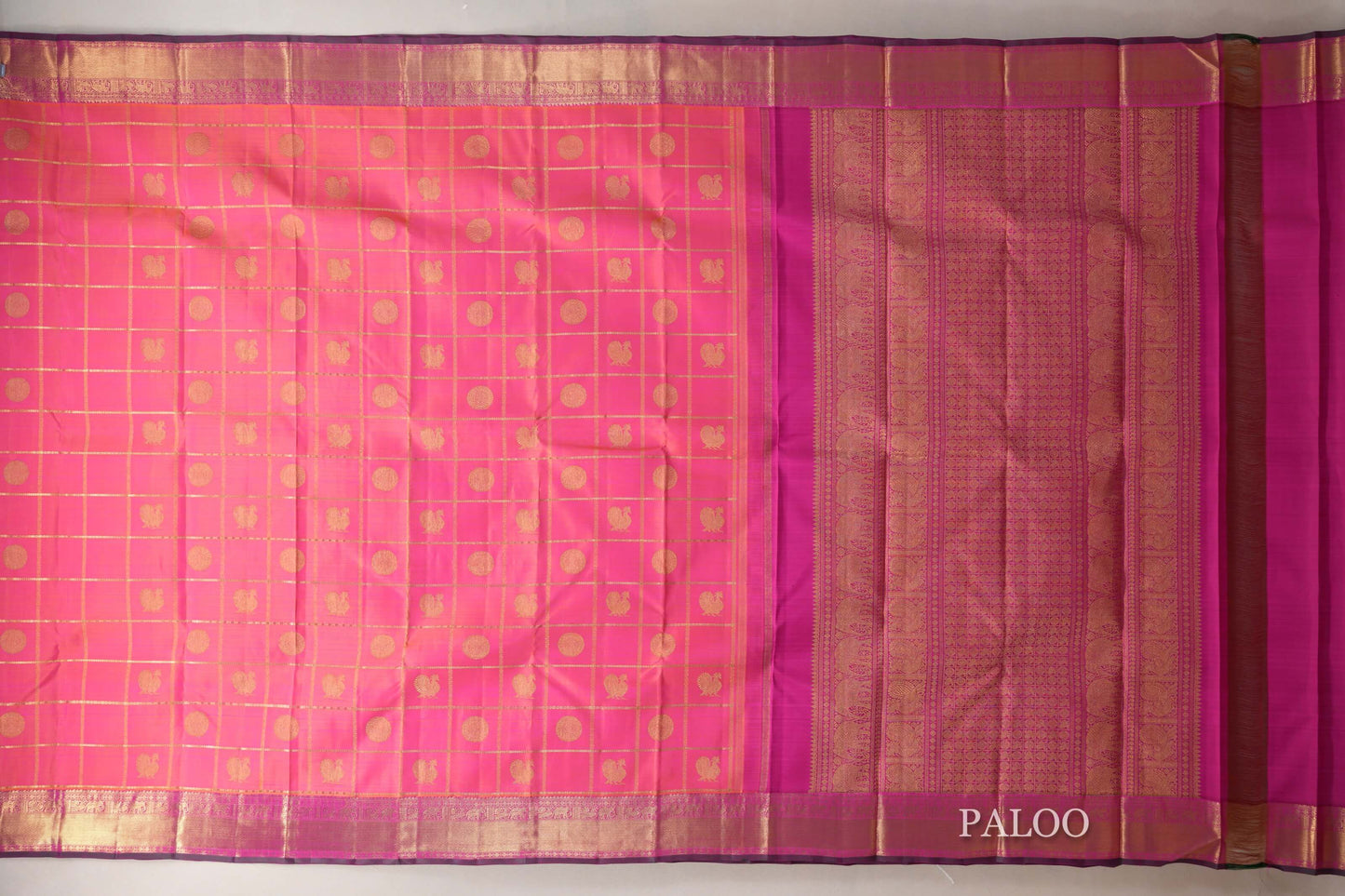 Orangish Pink Heirloom Kanjivaram Silk Saree paloo