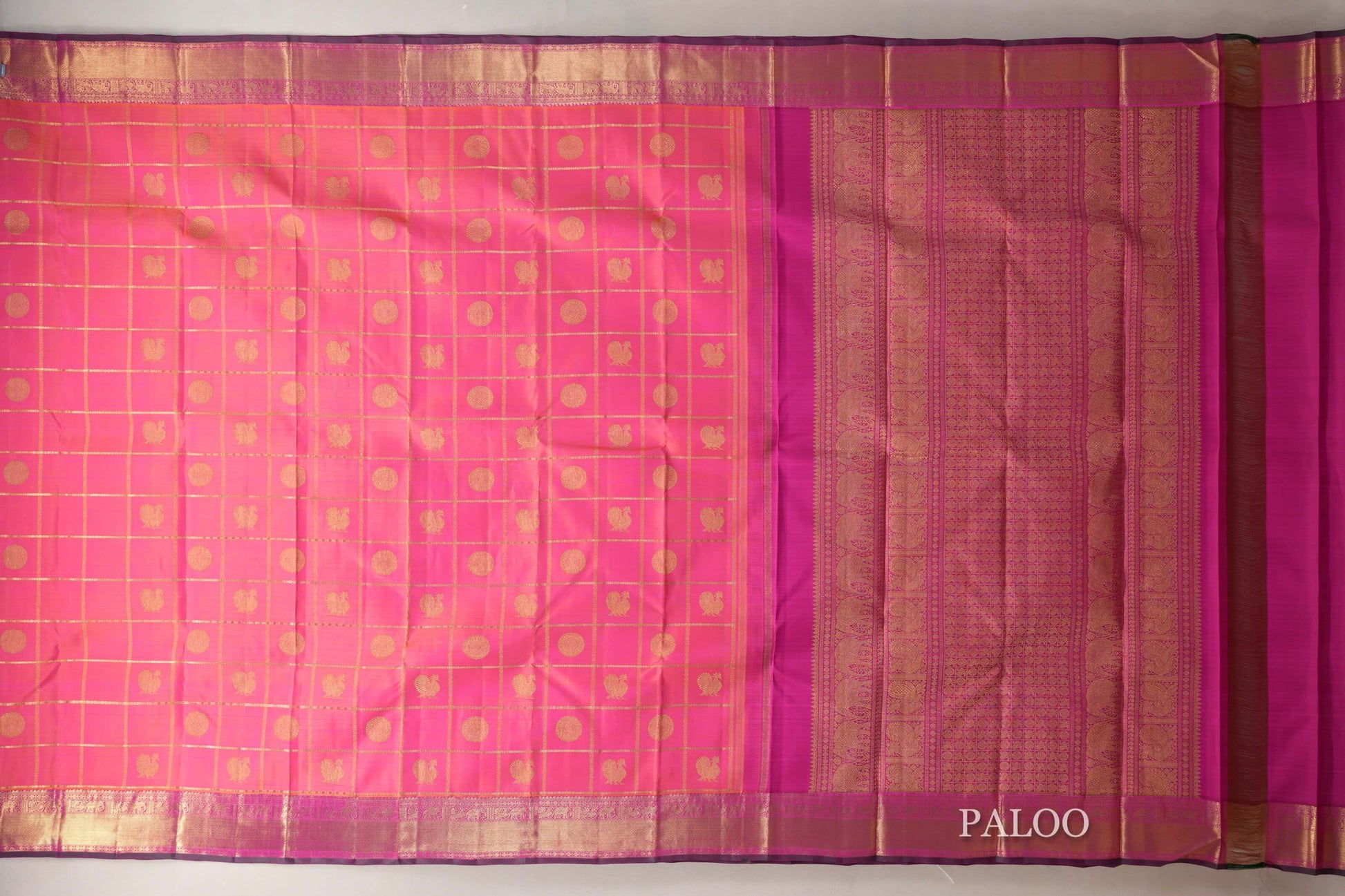 Orangish Pink Heirloom Kanjivaram Silk Saree paloo
