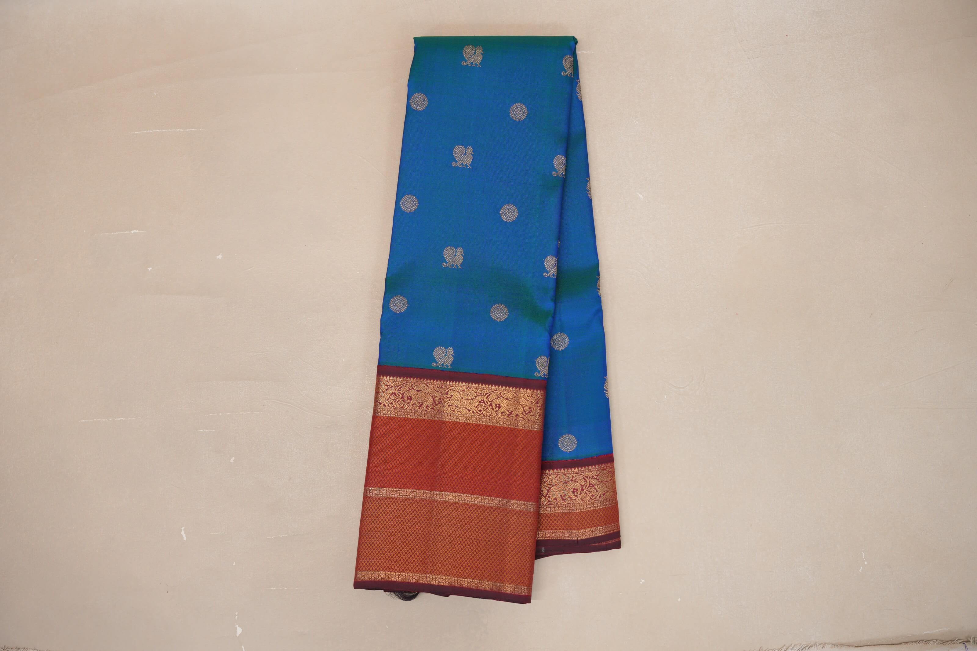 Peacock Blue with Multi Color Borders Heirloom Kanjivaram Silk Saree online