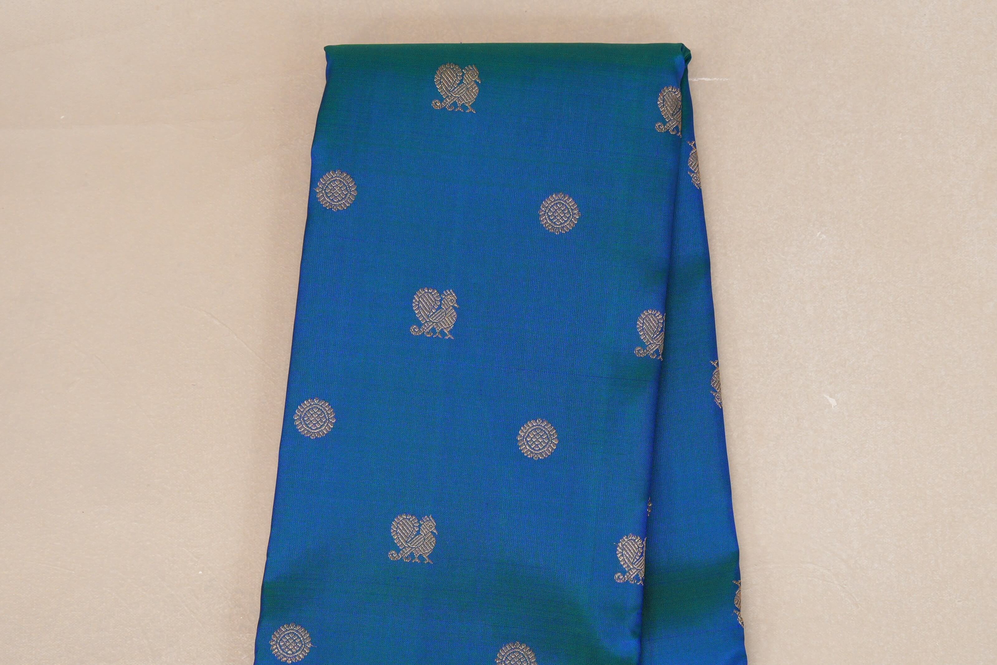 Peacock Blue with Multi Color Borders Heirloom Kanjivaram Silk Saree body zoom