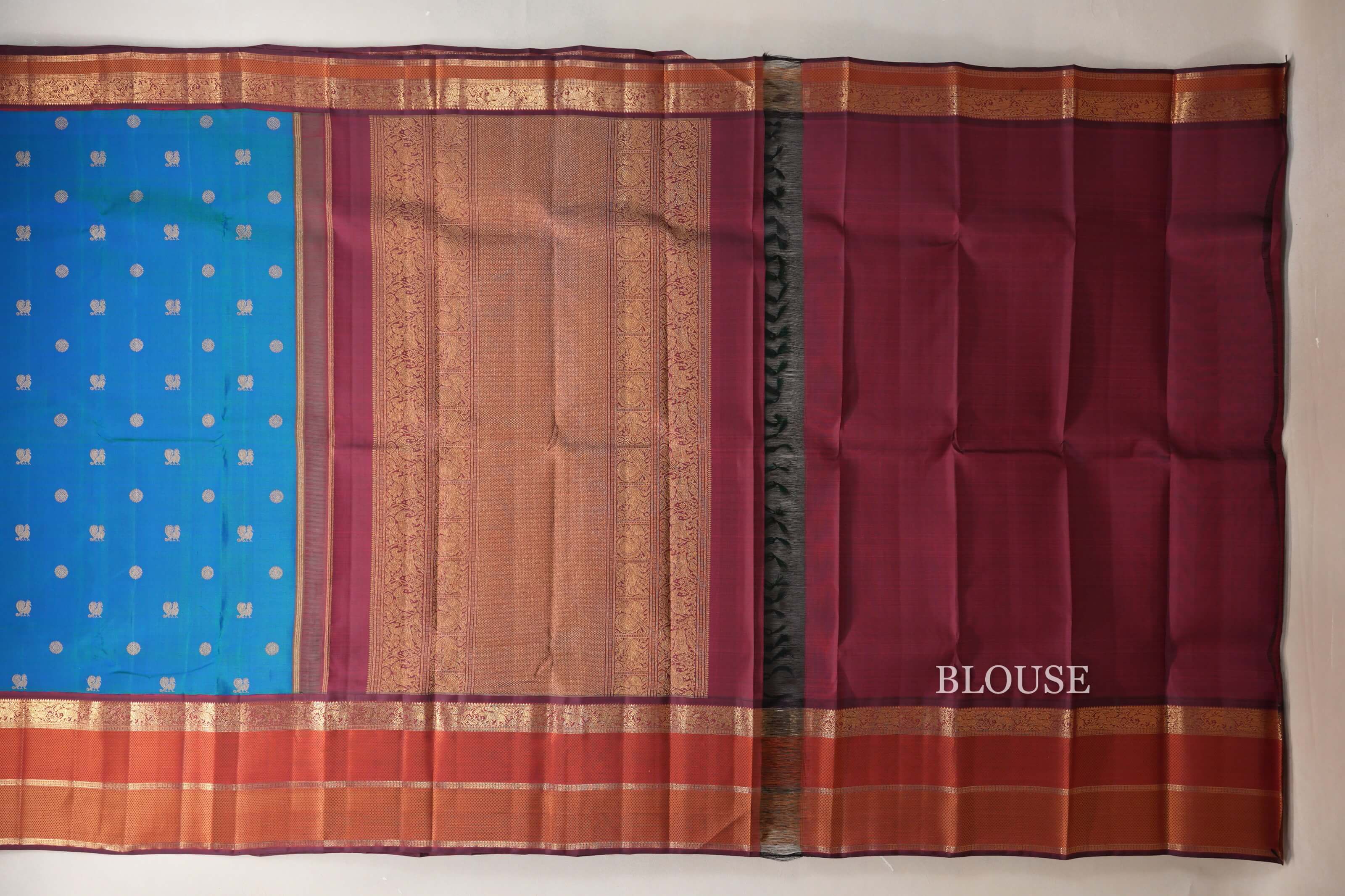 Peacock Blue with Multi Color Borders Heirloom Kanjivaram Silk Saree blouse