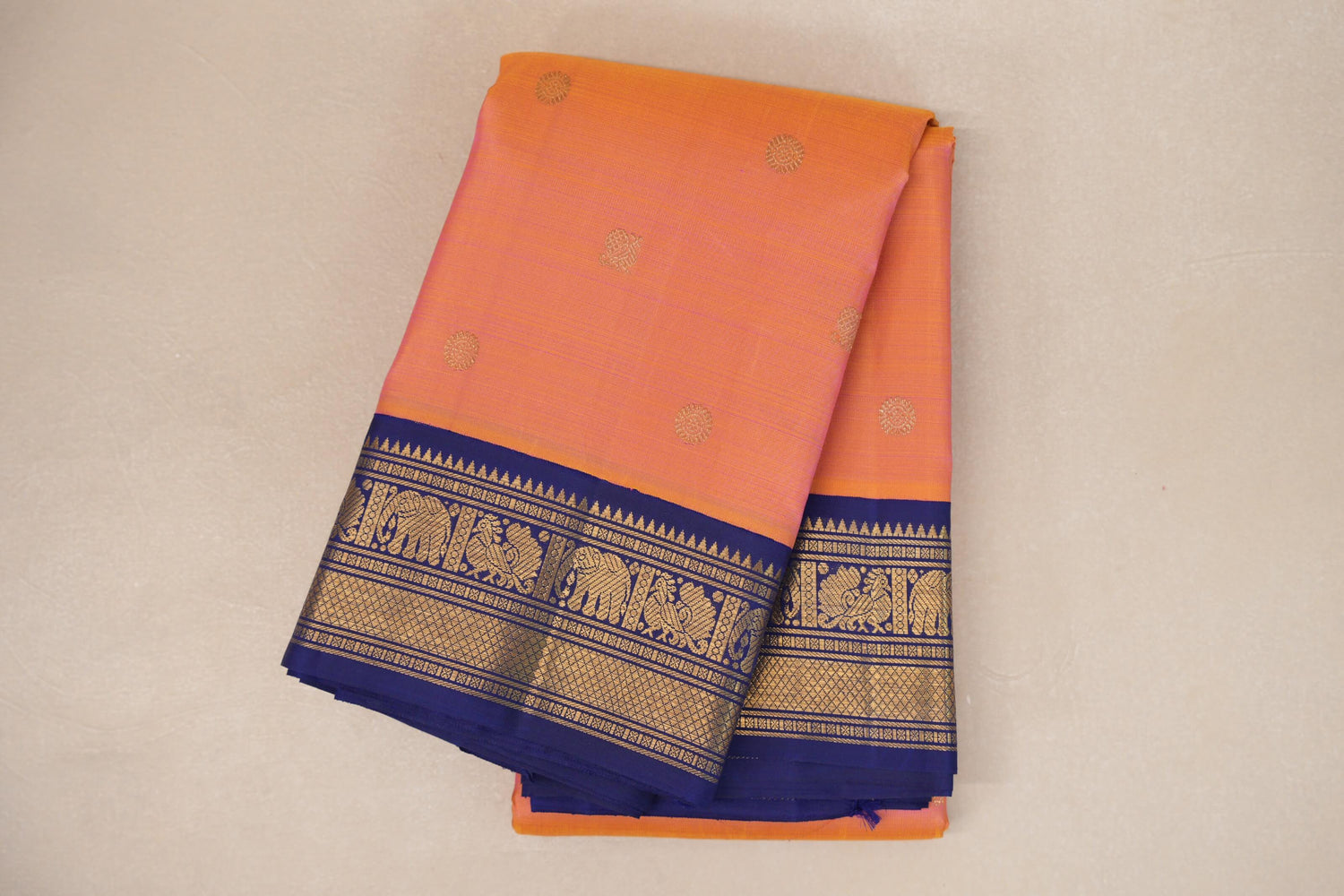 folded Dual Tone Yellow and Pink with Deep Blue Borders Heirloom Kanjivaram Silk Saree