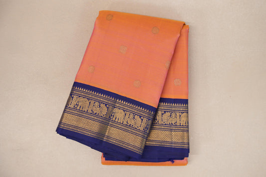 folded Dual Tone Yellow and Pink with Deep Blue Borders Heirloom Kanjivaram Silk Saree