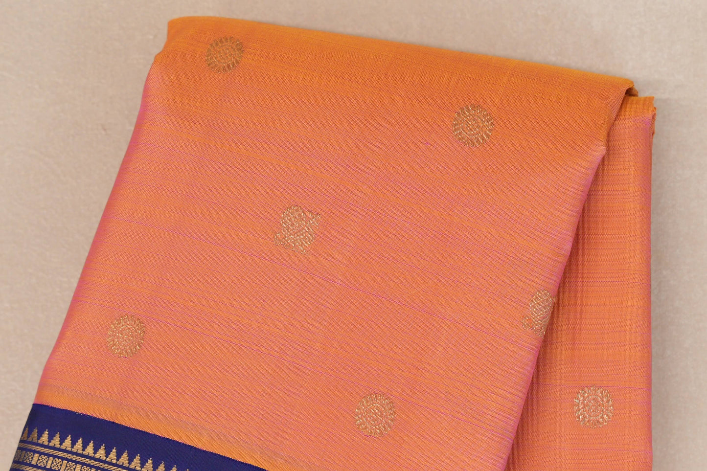 Dual Tone Yellow and Pink with Deep Blue Borders Heirloom Kanjivaram Silk Saree boy zoom
