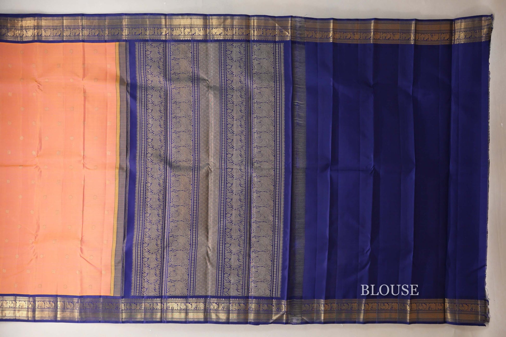 Dual Tone Yellow and Pink with Deep Blue Borders Heirloom Kanjivaram Silk Saree blouse