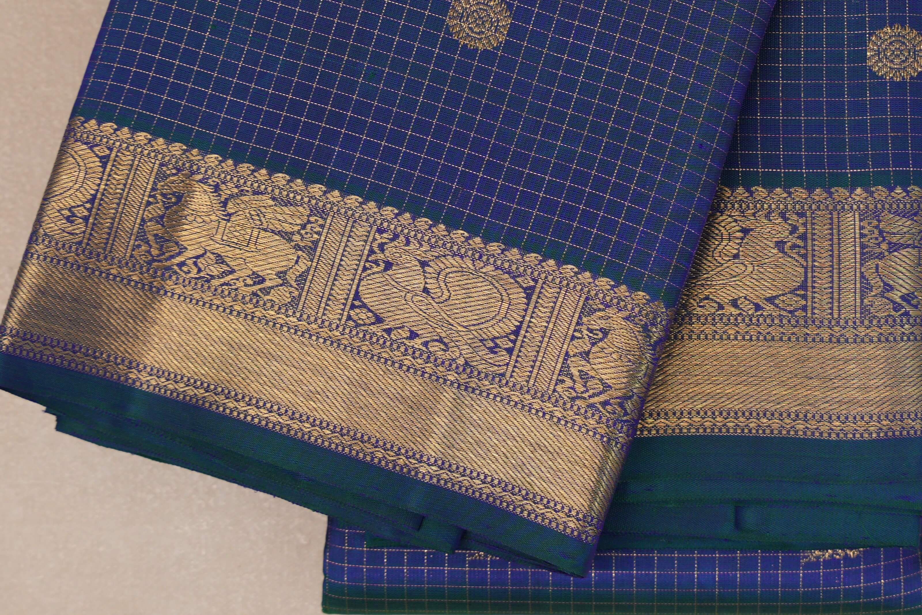 Peacock Blue Heirloom Kanjivaram Silk Saree border zoom